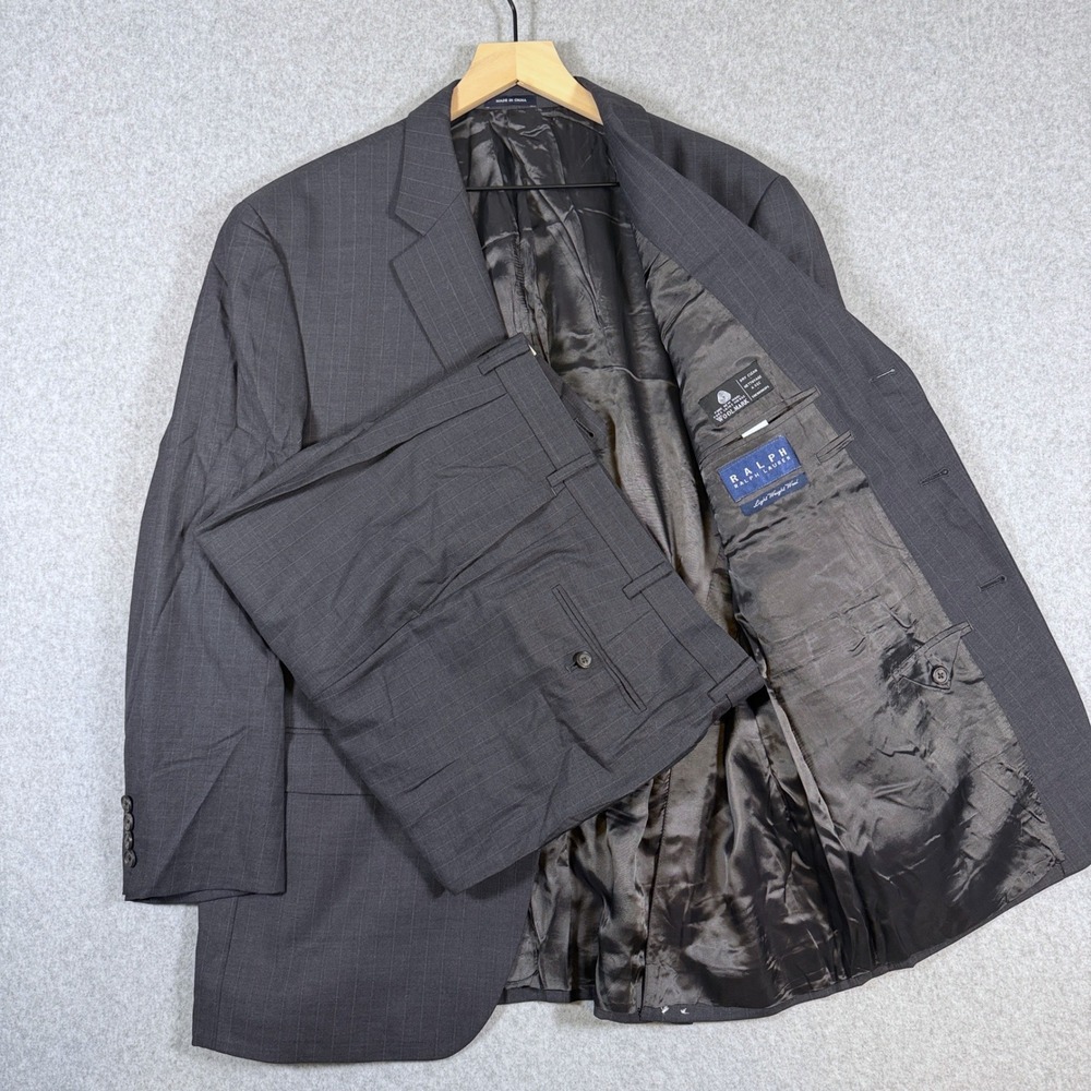 Ralph Lauren Suit Mens 44R 36x29.5 Charcoal Grey Pinstripe Lightweight Wool 2pc
